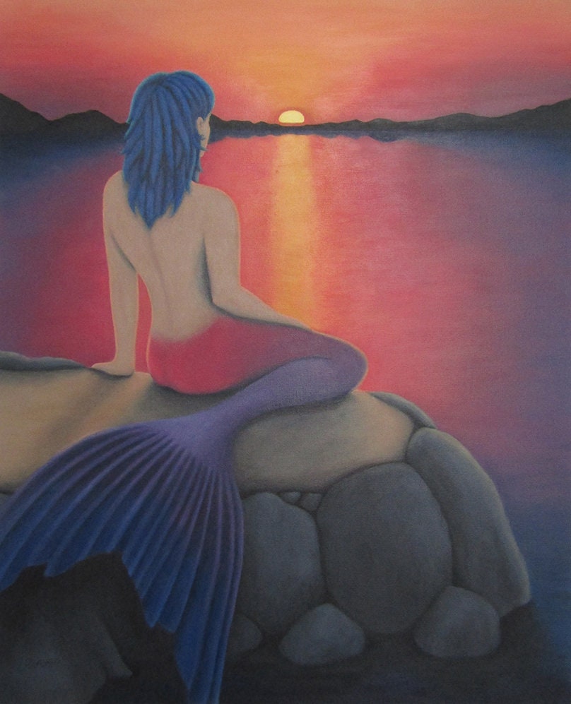 Mermaid Watching the Sunset Original Acrylic Painting on Stretched Canvas